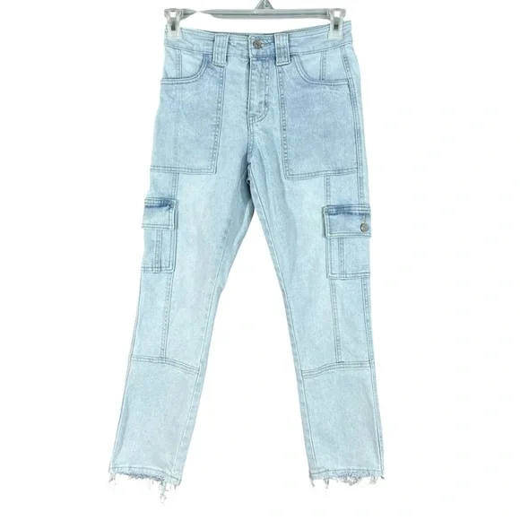 KanCan Winston High Rise Cargo Slim Straight Light Wash Raw Hem Jeans Size 24 - Picture 5 of 10